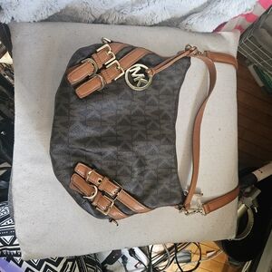 Michael Kors Brown Logo Hobo with Tan Leather Trim and Gold MK Charm